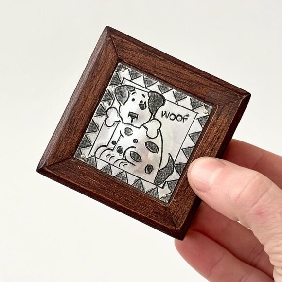 Solid Wood Silver Toned Lidded Dog Etched Vintage Jewelry Box | Container - Picture 1 of 7